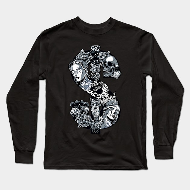 Posada Day of the Dead Outlaw, Dia De Muertas (Dollars &amp;amp; Guns) Long Sleeve T-Shirt by RedoneDesignART